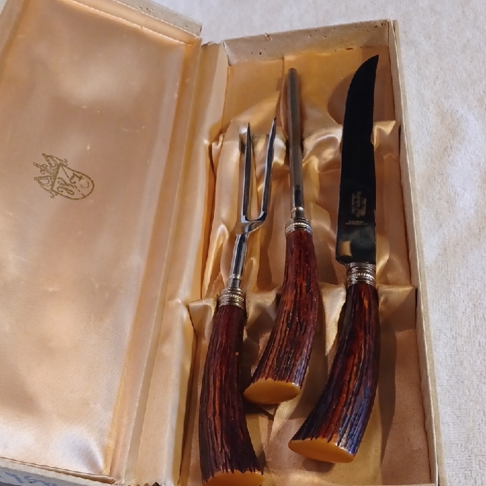 Washington Forge Carving Set With Knife Sharpener Vintage Fo Stag Handles